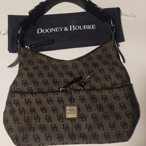 EUC DOONEY & BOURKE Canvas Logo Hobo Shoulder Bag Black Leather Straps Dust Bag